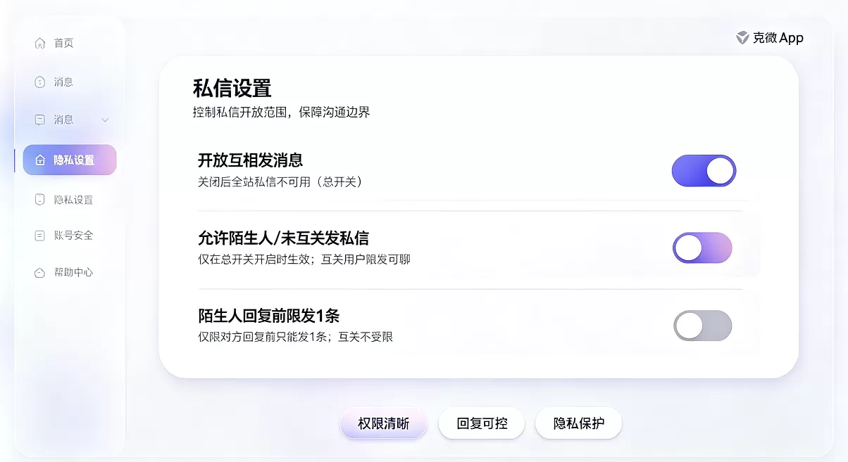 克微 App 私信（聊天）功能说明与配置指南